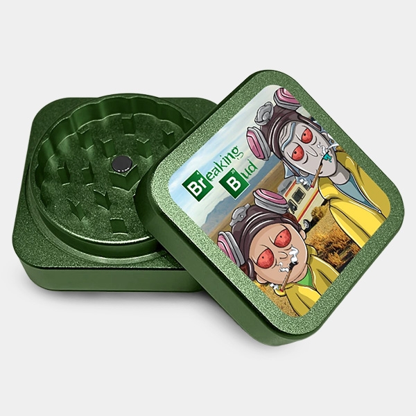 Breaking Bud square aluminum grinder open