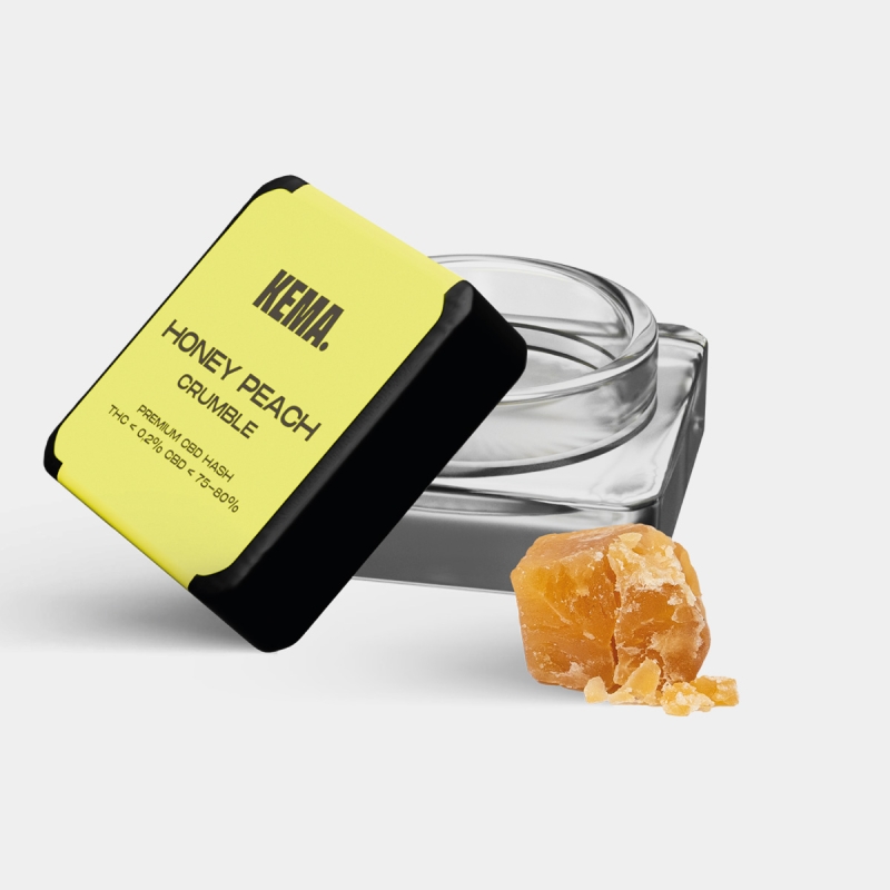 KEMA 3g 'Honey Peach' CBD Crumble Hash, opened