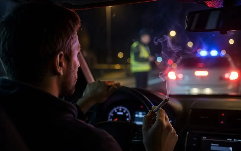 Conductor fumando cannabis dentro del coche ante un control policial nocturno, imagen sobre cómo afecta el cannabis a la conducción